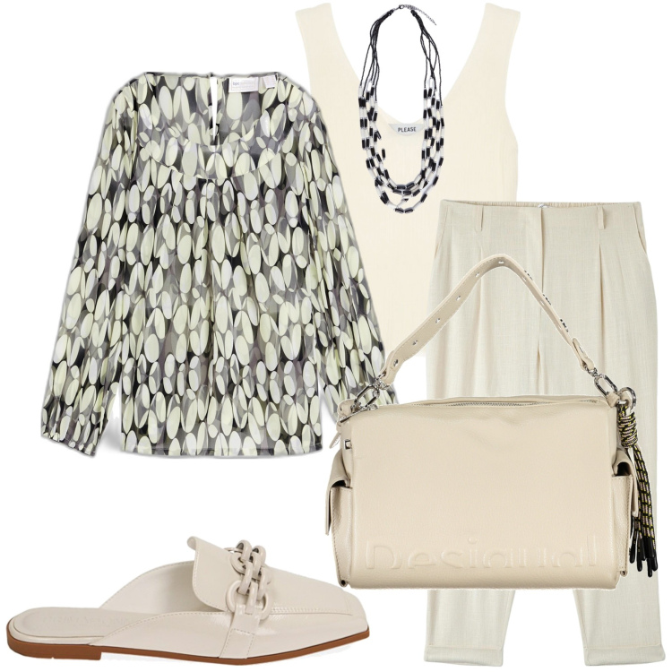 Outfit donna - In ufficio. Stile Casual chic per Ufficio. Abbinamento con bluse, pantaloni chino, top, sabot, borse a spalla, collane.