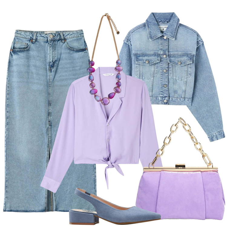 Outfit donna - Tocchi di lilla. Stile Casual chic per Tutti i giorni. Abbinamento con décolleté, camicie, gonne lunghe, blazer, borse a spalla, collane.