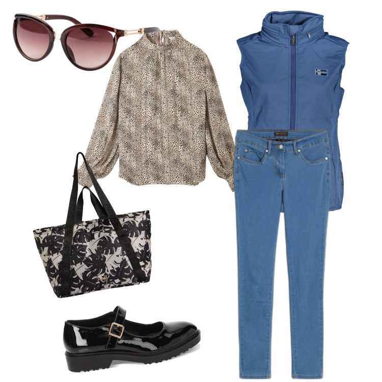 Outfit donna - Le commissioni del lunedì. Stile Basic per Tutti i giorni. Abbinamento con jeans dritti, occhiali da sole, bluse, shopping bag, ballerine, blazer.