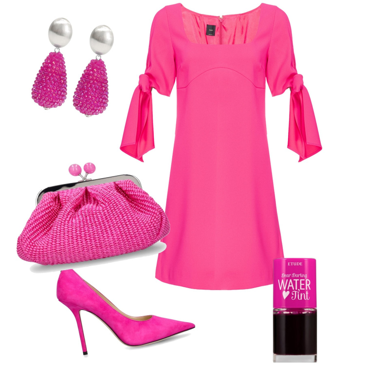 Outfit donna - Cerimonia in pink. Stile Glamour per Cerimonia. Abbinamento con orecchini, rossetti, vestiti corti, pochette, décolleté.