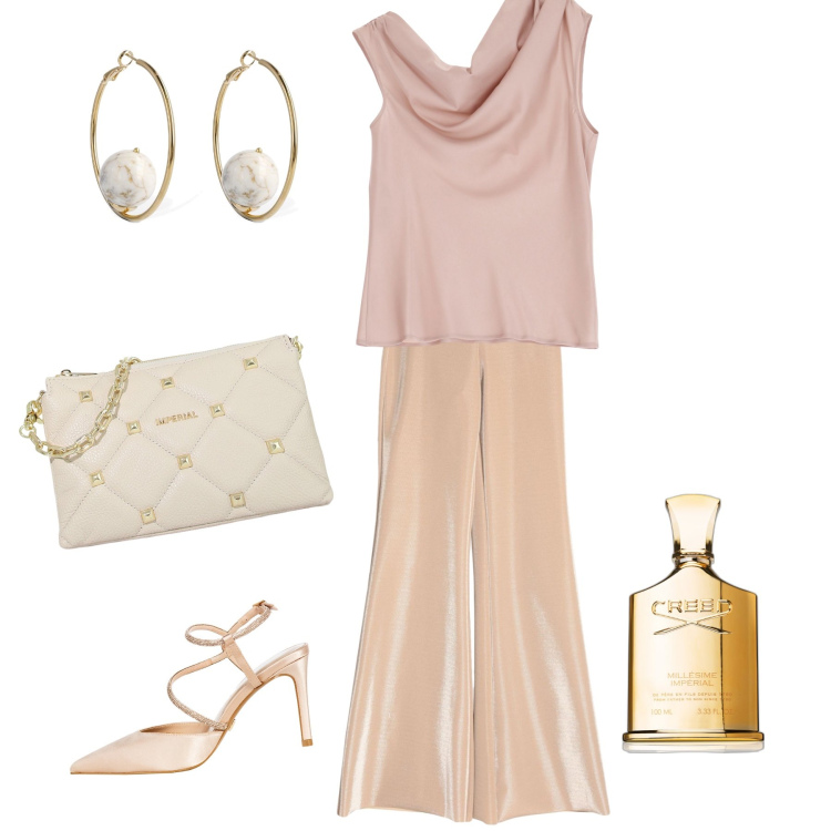 Outfit donna - Cerimonia in pantaloni. Stile Glamour per Cerimonia. Abbinamento con pantaloni, profumi, décolleté, top, pochette, orecchini.