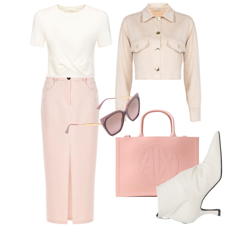 Outfit donna - Primavera. Stile Trendy per Ufficio. Abbinamento con stivaletti, gonne longuette, blazer, top, borse tote, occhiali da sole.