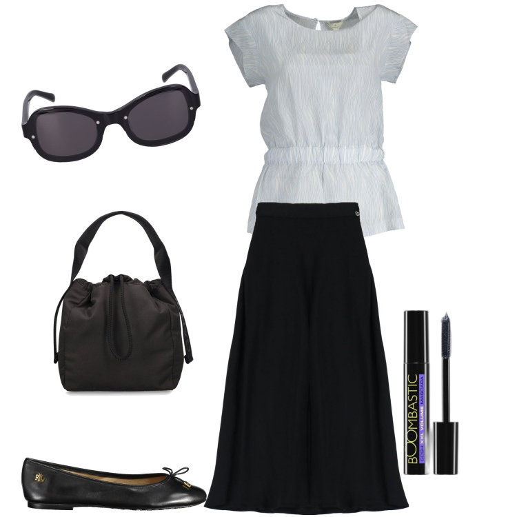 Outfit donna - Pronta ad uscire. Stile Chic per Tutti i giorni. Abbinamento con mascara, gonne longuette, borse a mano, occhiali da sole, ballerine, canottiere.
