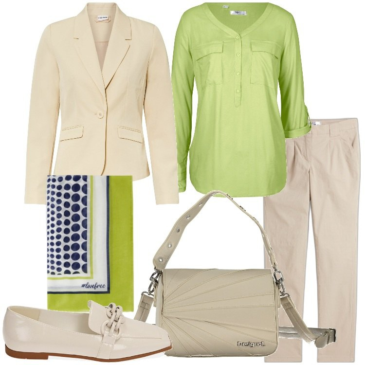 Outfit donna - La giacca per tutto il giorno. Stile Minimal per Ufficio. Abbinamento con blazer, pantaloni chino, bluse, mocassini, foulard, borse a spalla.