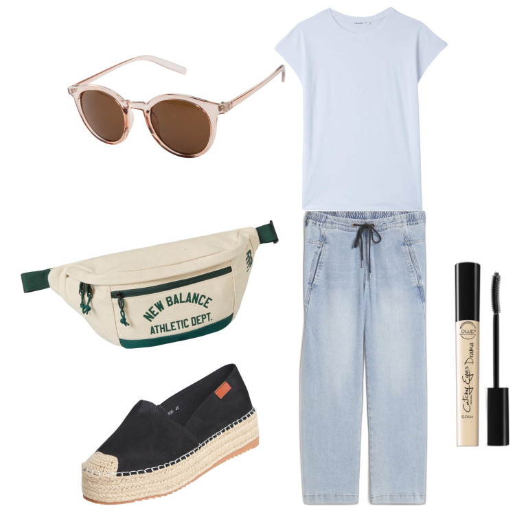 Outfit donna - Basic. Stile Basic per Tutti i giorni. Abbinamento con occhiali da sole, jeans boyfriend, mascara, espadrillas, t-shirt, marsupi.