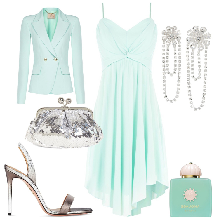 Outfit donna - Matrimonio. Stile Chic per Cerimonia. Abbinamento con profumi, vestiti asimmetrici, blazer, pochette, sandali in pelle, orecchini.