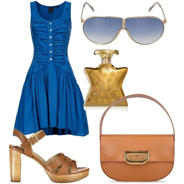 Outfit donna - cerimonia casual style. Stile Romantica per Cerimonia. Abbinamento con profumi, vestiti corti, occhiali da sole, borse a spalla, sandali col tacco.