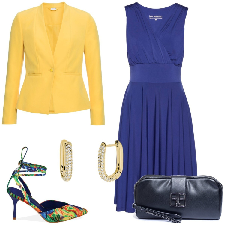 Outfit donna - Pranzo in città. Stile Chic per Tutti i giorni. Abbinamento con blazer, vestiti, orecchini, pochette, décolleté.