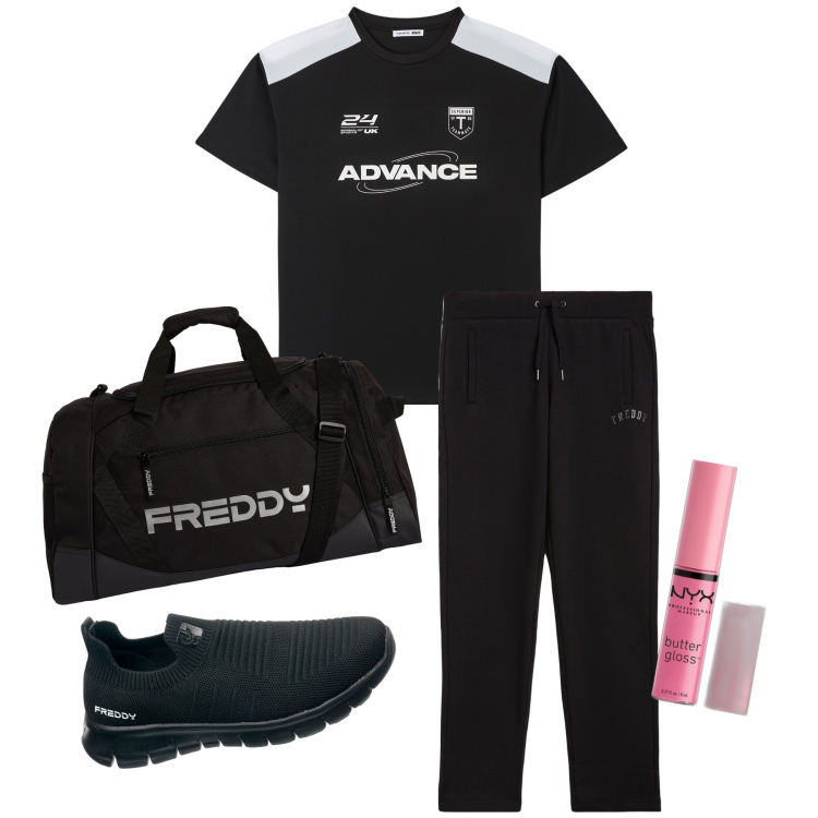 Outfit donna - La palestra del lunedì. Stile Sporty chic per Sport. Abbinamento con gloss, t-shirt sportive, pantaloni sportivi, borse sportive, scarpe sportive.