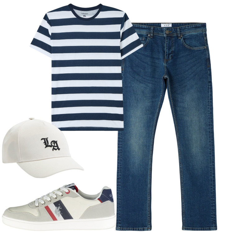 Outfit uomo - Jeans e t-shirt. Stile Casual per Tutti i giorni. Abbinamento con t-shirt, jeans dritti, cappelli, scarpe sportive.