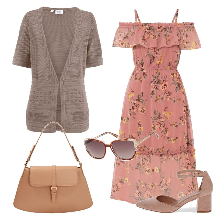 Outfit donna - Passeggiata. Stile Romantica per Tutti i giorni. Abbinamento con cardigans, vestiti, décolleté, borse a spalla, occhiali da sole.