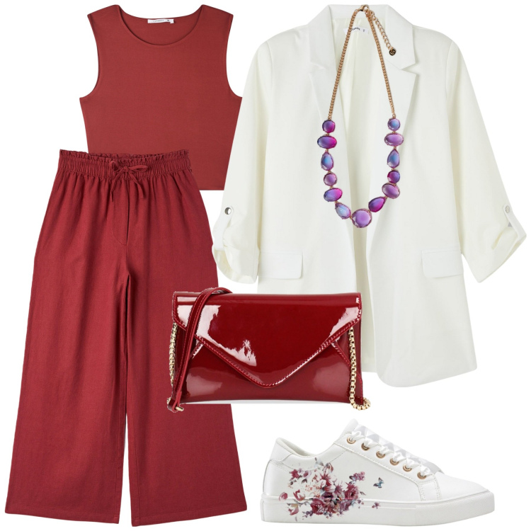 Outfit donna - Terranova colore - Maggio. Stile Boho per Tutti i giorni. Abbinamento con sneakers, pantaloni, blazer, canottiere, pochette, collane.