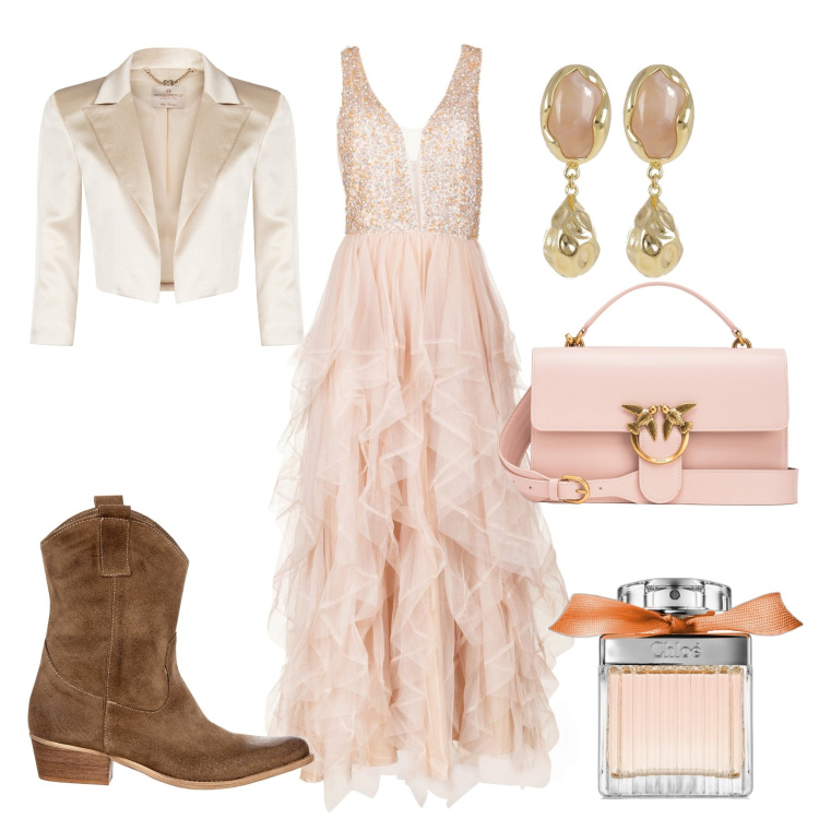 Outfit donna - Cerimonia country chic. Stile Chic per Cerimonia. Abbinamento con profumi, borse a tracolla, bolero, stivali, vestiti, orecchini.
