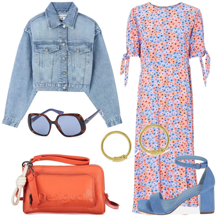 Outfit donna - Denim e fiori. Stile Casual chic per Tutti i giorni. Abbinamento con vestiti midi/longuette, blazer, sandali col tacco, borse a tracolla, orecchini, occhiali da sole.