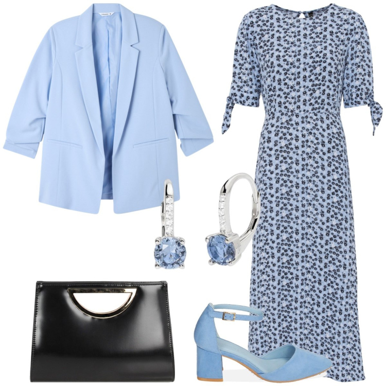 Outfit donna - Celeste. Stile Romantica per Tutti i giorni. Abbinamento con vestiti midi/longuette, orecchini, blazer, décolleté, pochette.