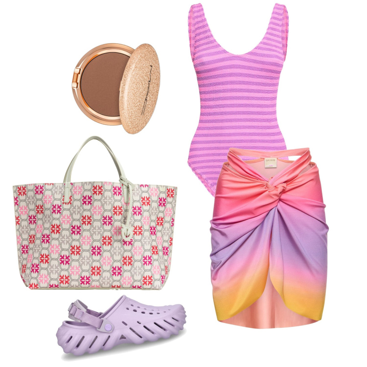 Outfit donna - Modalità vacanza. Stile Trendy per Mare. Abbinamento con terre, shopping bag, zoccoli, vestiti da spiaggia, costumi interi.