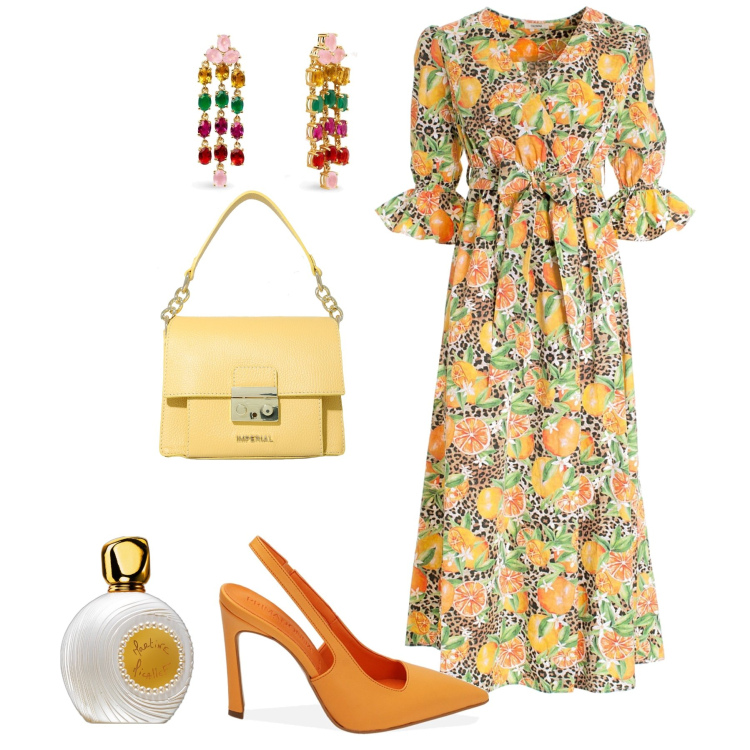 Outfit donna - Invito fiorito. Stile Boho per Cerimonia. Abbinamento con orecchini, profumi, pochette, vestiti lunghi, décolleté.