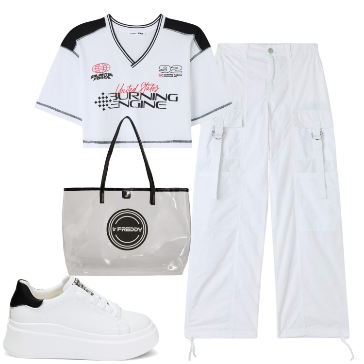 Outfit donna - City. Stile Urban per Tutti i giorni. Abbinamento con pantaloni cargo, t-shirt, shopping bag, sneakers.