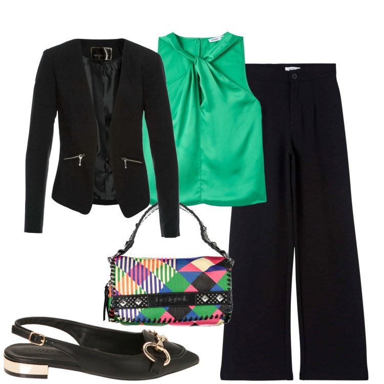 Outfit donna - City. Stile Casual chic per Tutti i giorni. Abbinamento con blazer, pantaloni, top, ballerine, collane.