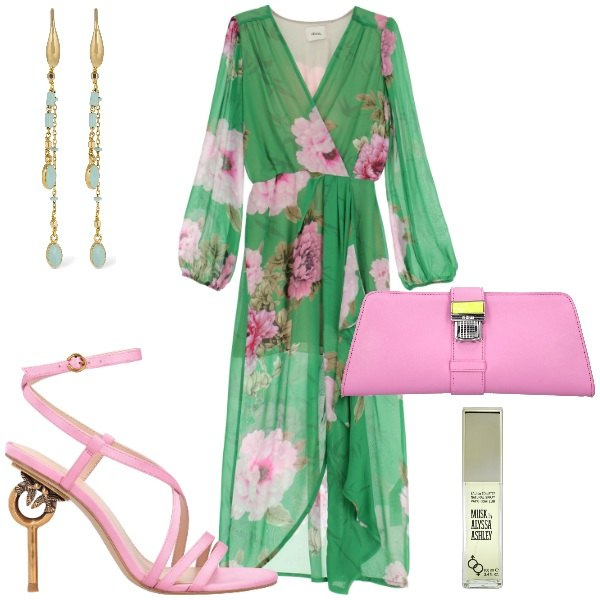 Outfit donna - Met gala 2024. Stile Glamour per Cerimonia. Abbinamento con profumi, sandali in pelle, vestiti lunghi, pochette, orecchini.