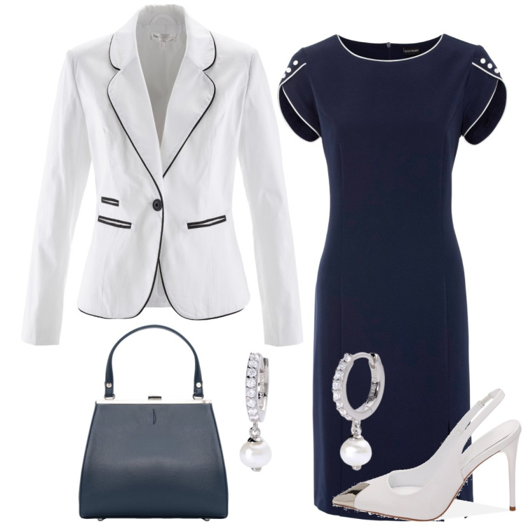 Outfit donna - Pranzo di lavoro. Stile Chic per Ufficio. Abbinamento con vestiti a tubino, blazer, orecchini, décolleté, clutch.