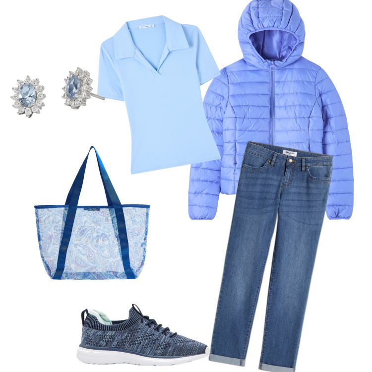 Outfit donna - Cielo grigio look azzurro. Stile Casual chic per Tutti i giorni. Abbinamento con sneakers, jeans dritti, polo, blazer, shopping bag, orecchini.
