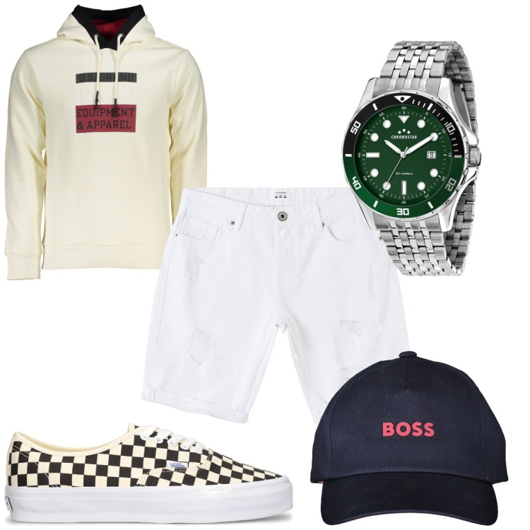 Outfit uomo - Total look #1871394. Stile Casual per Tutti i giorni. Abbinamento con orologi, bermuda, felpe con cappuccio, cappelli con visiera, sneakers.