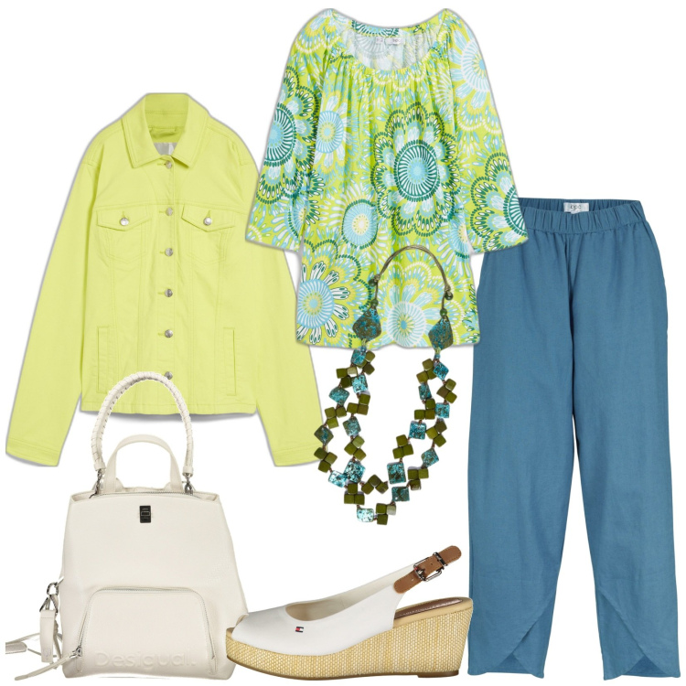 Outfit donna - Total look #1871406. Stile Casual chic per Tutti i giorni. Abbinamento con pantaloni, maglieria, blazer, collane, zaini, sandali col tacco.