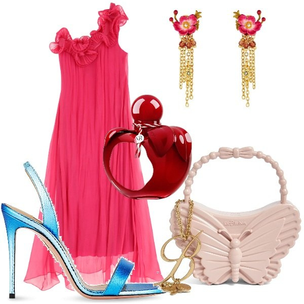 Outfit donna - Met Gala 2024. Stile Romantica per Serata fuori. Abbinamento con orecchini, profumi, vestiti lunghi, borse a mano, sandali in pelle.
