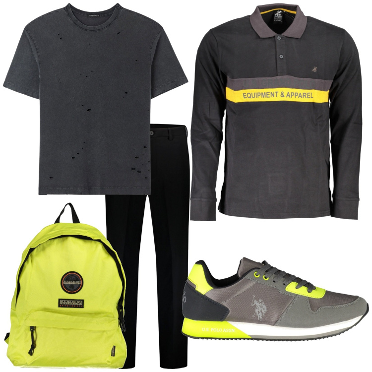Outfit uomo - Total look #1871435. Stile Urban per Tutti i giorni. Abbinamento con t-shirt, scarpe sportive, pantaloni, borse sportive, polo.
