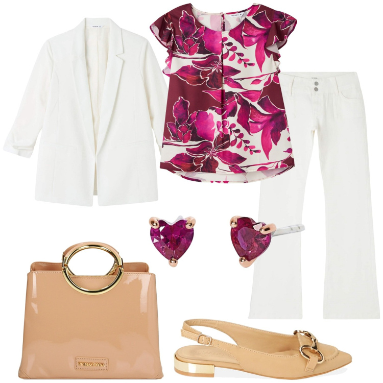 Outfit donna - Al lavoro con stile. Stile Casual chic per Ufficio. Abbinamento con bluse, pantaloni, blazer, orecchini, ballerine, borse a mano.