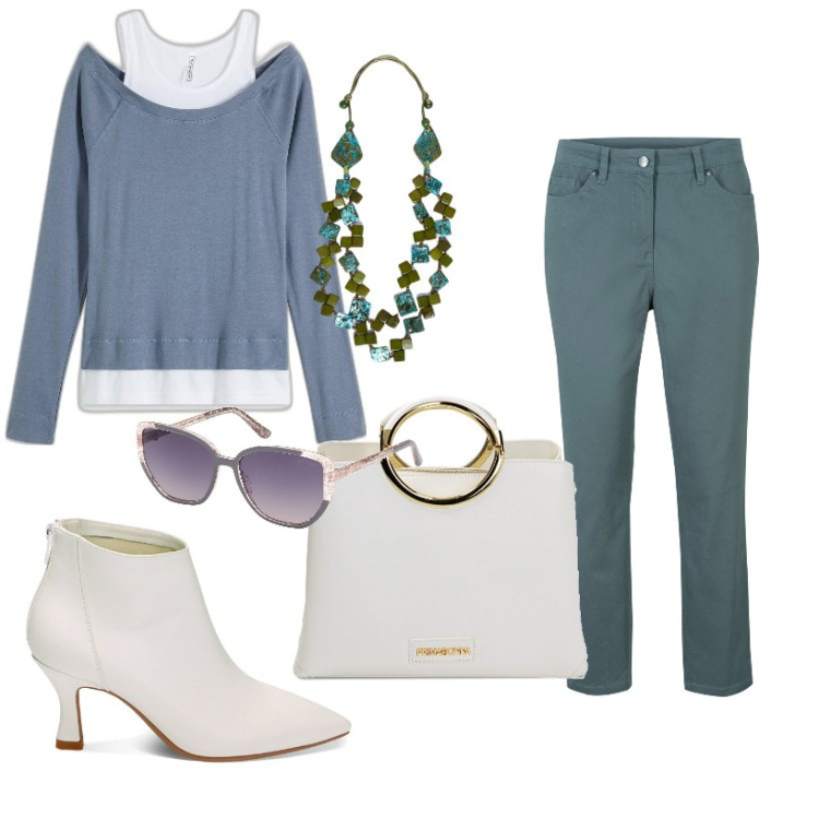 Outfit donna - Primavera in ufficio. Stile Casual chic per Ufficio. Abbinamento con pantaloni, maglieria, stivaletti, borse a mano, collane, occhiali da sole.