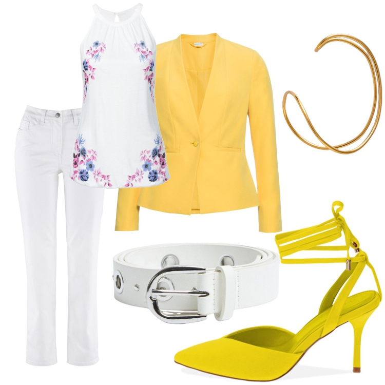 Outfit donna - Giallo come il sole. Stile Casual per Ufficio. Abbinamento con blazer, pantaloni, top, cinture, décolleté, braccialetti.