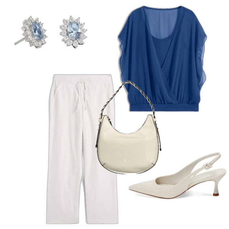 Outfit donna - Primavera bianco e blu. Stile Casual per Ufficio. Abbinamento con pantaloni a palazzo, bluse, orecchini, décolleté, borse a spalla.
