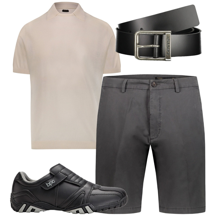 Outfit uomo - City. Stile Urban per Tutti i giorni. Abbinamento con scarpe stringate, cinture, bermuda, polo.
