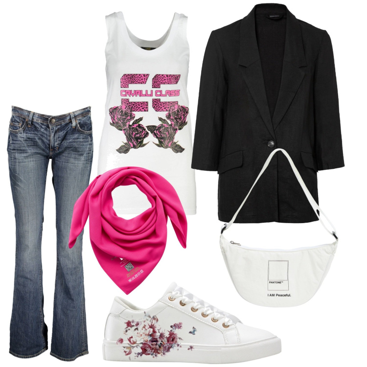 Outfit donna - A spasso. Stile Trendy per Tutti i giorni. Abbinamento con sneakers, blazer, marsupi, foulard, jeans, canottiere.