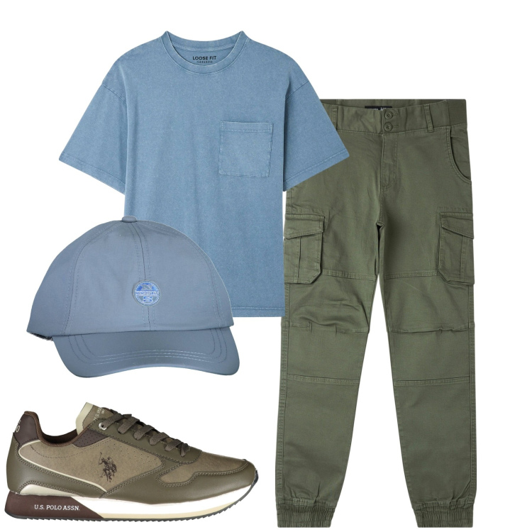 Outfit uomo - City. Stile Casual per Tutti i giorni. Abbinamento con t-shirt, pantaloni cargo, cappelli con visiera, scarpe sportive.
