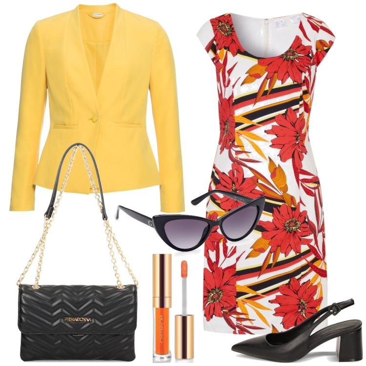 Outfit donna - Pranzo in città. Stile Chic per Tutti i giorni. Abbinamento con blazer, vestiti a tubino, rossetti, décolleté, borse a tracolla, occhiali da sole.
