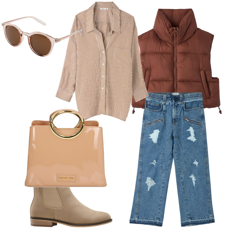 Outfit donna - Tempo di primavera. Stile Urban per Tutti i giorni. Abbinamento con stivaletti chelsea, occhiali da sole, jeans strappati, camicie, piumini, borse a mano.