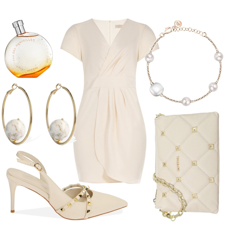 Outfit donna - All in white. Stile Chic per Cerimonia. Abbinamento con braccialetti, profumi, vestiti a tubino, pochette, décolleté, orecchini.