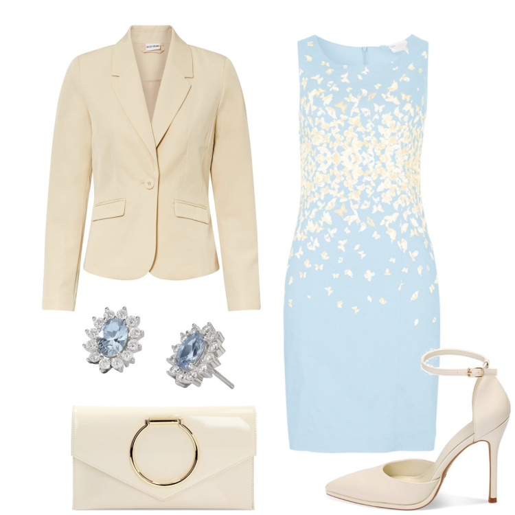 Outfit donna - Cerimonia. Stile Bon Ton per Cerimonia. Abbinamento con blazer, vestiti a tubino, orecchini, pochette, décolleté.