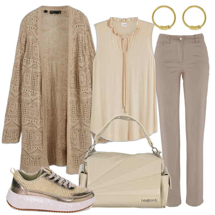 Outfit donna - Toni neutri. Stile Basic per Tutti i giorni. Abbinamento con cardigans, pantaloni, top, sneakers alte, orecchini, borse a spalla.
