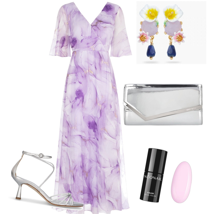 Outfit donna - Dreaming a summer party. Stile Glamour per Serata fuori. Abbinamento con orecchini, smalti, vestiti lunghi, pochette, sandali in pelle.