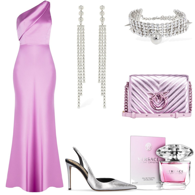 Outfit donna - Scintillante. Stile Glamour per Serata fuori. Abbinamento con vestiti asimmetrici, profumi, borse a tracolla, orecchini, collane, décolleté.