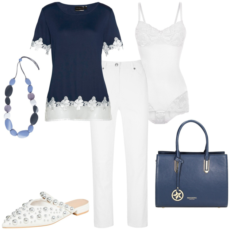 Outfit donna - Total look #1871594. Stile Casual per Tutti i giorni. Abbinamento con pantaloni, maglieria, body, ballerine, borse a mano, collane.