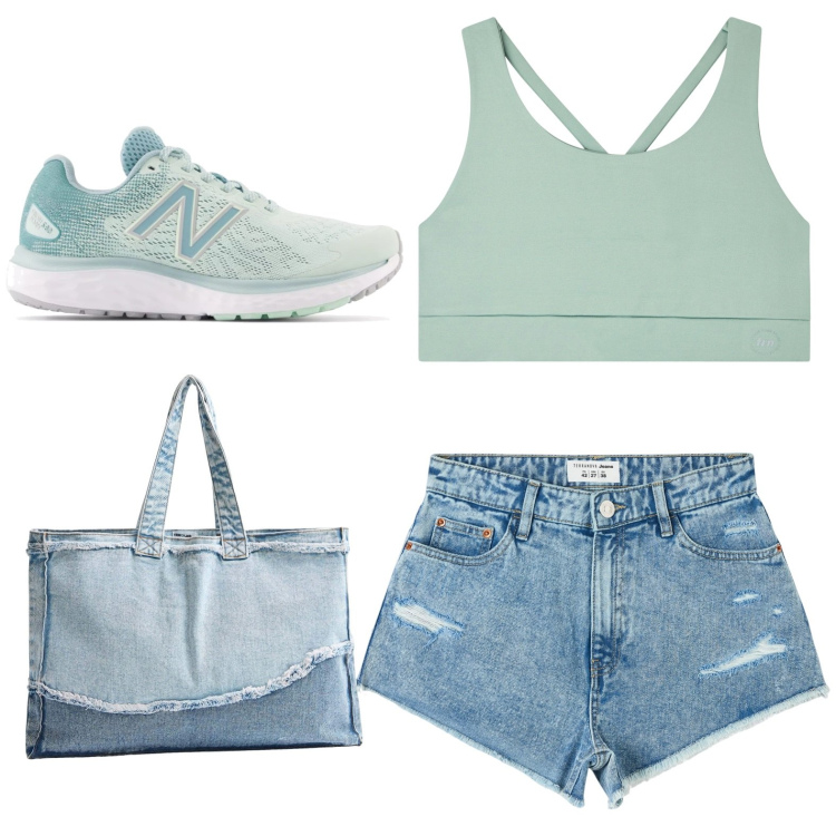 Outfit donna - Sportiva in jeans. Stile Trendy per Tutti i giorni. look ideale per Petite. Abbinamento con top sportivi, shorts, shopping bag, sneakers.