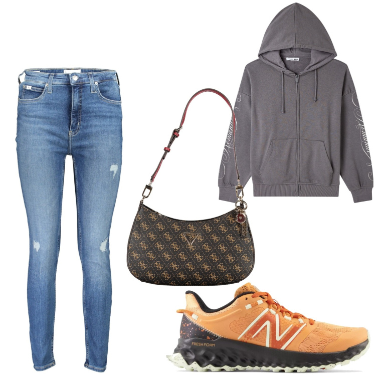 Outfit donna - Felpa grigia. Stile Trendy per Tutti i giorni. look ideale per Petite. Abbinamento con felpe con cappuccio, marsupi, borse a spalla, jeans skinny.