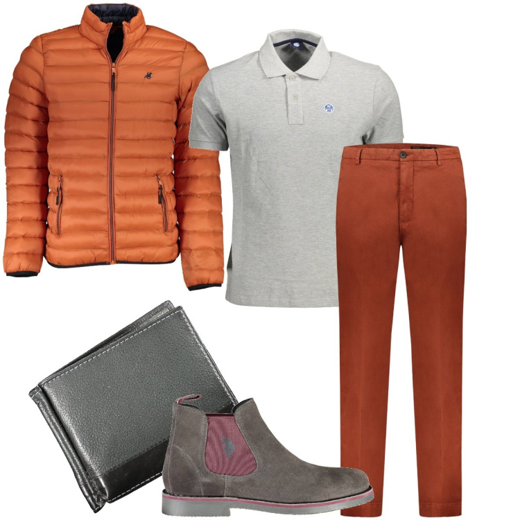 Outfit uomo - Il piumino per precauzione. Stile Business/Elegante per Ufficio. Abbinamento con pantaloni, stivali, giacche, portafogli, polo.