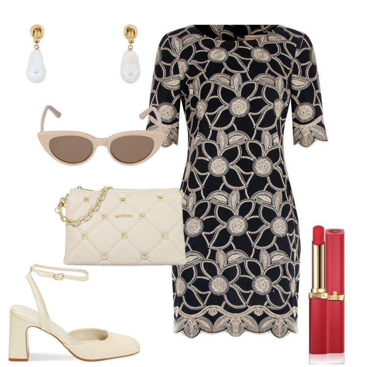 Outfit donna - Retro\'. Stile Vintage retrò per Serata fuori. Abbinamento con orecchini, rossetti, vestiti corti, pochette, décolleté, occhiali da sole.