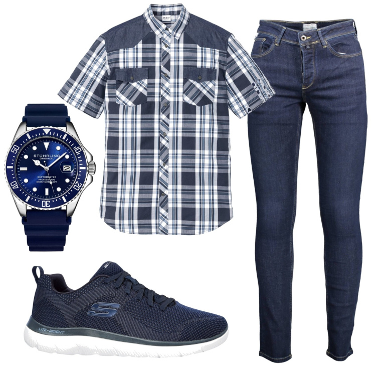 Outfit uomo - Total look #1871679. Stile Casual per Ufficio. Abbinamento con camicie a manica corta, sneakers, orologi, jeans slim fit.